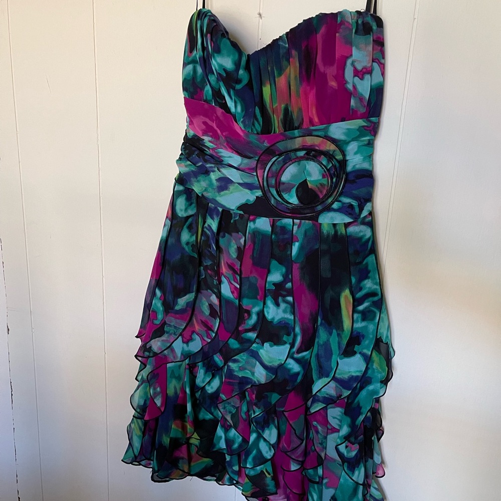 Semi formal dress, blues and purple with floral accents
